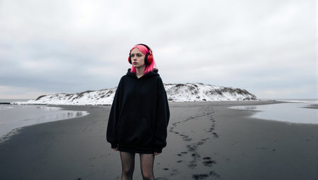 Young woman listening to music on a moody beach landscape with snow-covered island in the distanceの素材