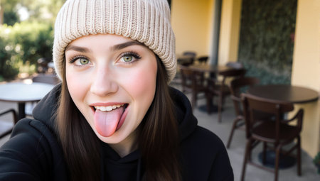 Playful young woman sticking out her tongue wearing a cozy knitted hat during daylightの素材