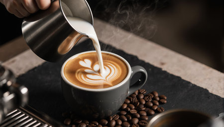 A barista pouring milk into a latte art cappuccino with coffee beansの素材