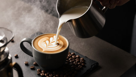 Latte art pouring milk into ceramic cup with coffee beans aroundの素材