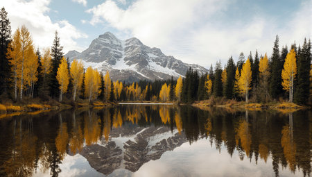 Majestic mountainscape reflecting autumnal forest and serene lake under cloudy skyの素材