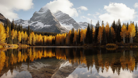 Majestic mountain range reflecting in serene lake surrounded by golden autumnal forest trees landscapeの素材