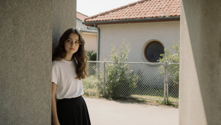Young woman peeking through concrete pillars into summer day light sceneの素材