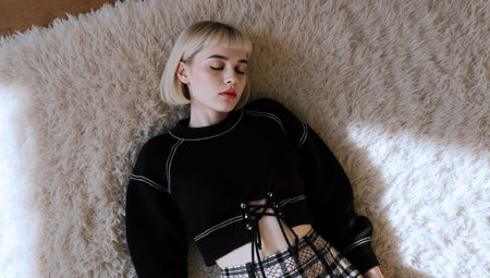 Young woman relaxing on fluffy rug in cozy home interior lifestyle fashion portraitの素材