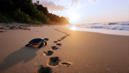 A tiny sea turtle hatching making its way towards the ocean at sunset on tropical beachの素材