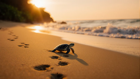 A tiny sea turtle following footprints along a golden sunset beach shorelineの素材