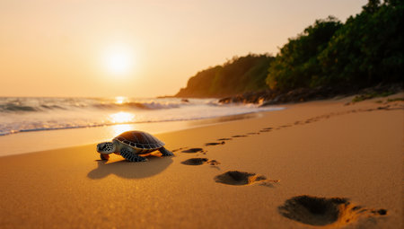 Sea turtle walking along tropical beach at golden sunset timeの素材