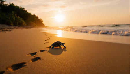 A tiny sea turtle walks along the golden sand beach at sunset timeの素材