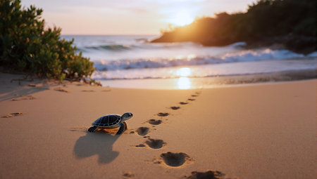 Gentle sea turtle leaving tracks on sandy beach during golden hour sunsetの素材