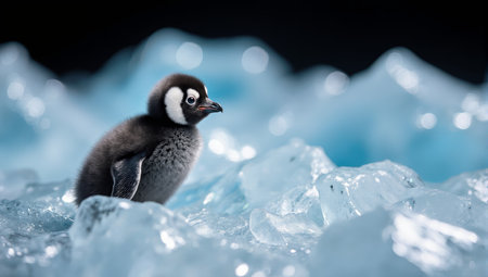 Adorable emperor penguin chick standing on sparkling ice floe in antarcticaの素材