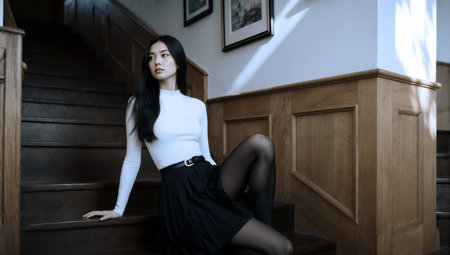 Elegant asian woman sitting on wooden staircase in a stylish outfit with soft lightの素材
