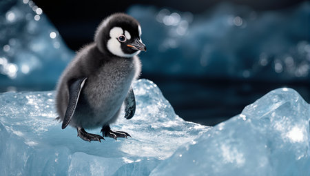 Adorable penguin chick standing on blue iceberg in arctic environmentの素材