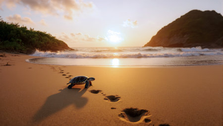 Gentle sea turtle walking along tropical beach at golden sunset timeの素材