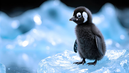 Adorable penguin chick standing on a crystal blue iceberg in antarcticaの素材