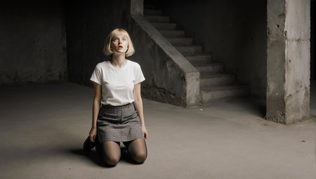 portrait of a beautiful blonde woman in a white blouse and skirtの素材
