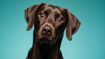 Portrait of a chocolate brown labrador retriever dog on a blue backgroundの素材