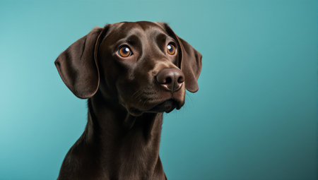 Portrait of a chocolate labrador retriever on a blue backgroundの素材