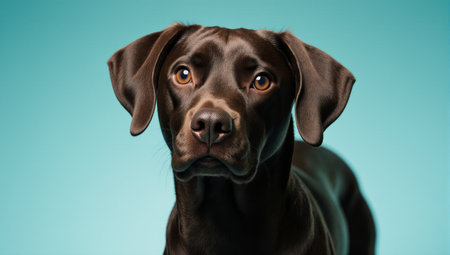 Studio shot of a cute chocolate labrador retriever puppy on blue background.の素材