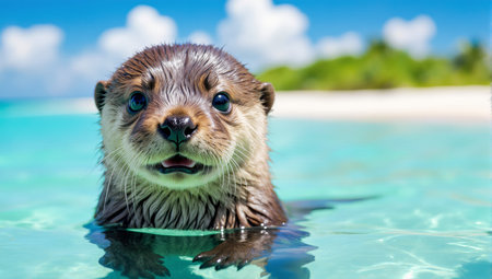 Portrait of an Asian small-clawed otter swimming in poolの素材