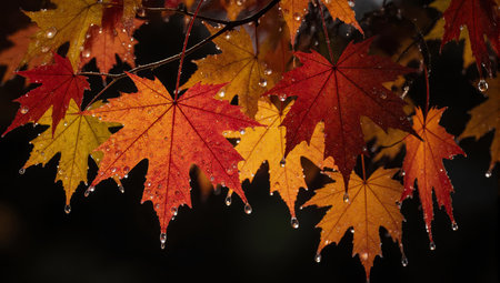 Autumn maple leaves with water drops on a dark bokeh backgroundの素材