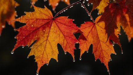 Autumn maple leaves with drops of water on a dark background.の素材