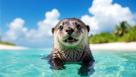 Otter swimming in the water on a tropical beach with palm treesの素材