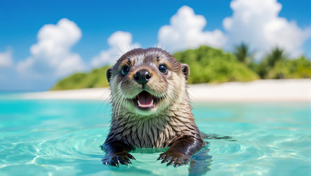 Otter swims in the water on a tropical island.の素材