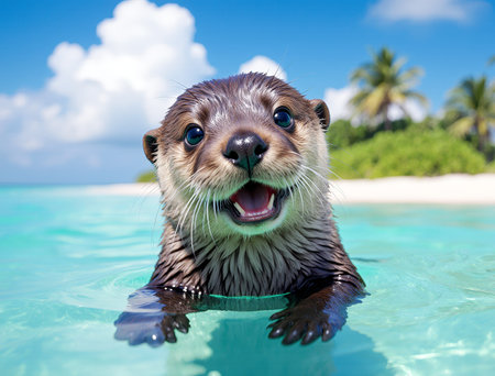 Otter swims in the water on the background of palm trees.の素材