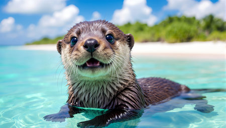 Portrait of an Asian small-clawed otter swimming in the oceanの素材