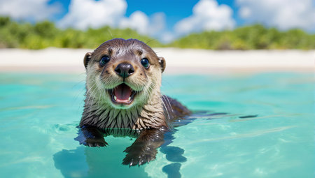 Portrait of an Asian small-clawed otter swimming in the oceanの素材