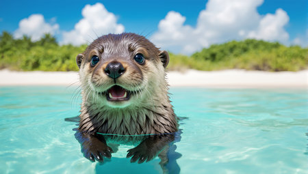 Otter swimming in the water on a tropical beach in Maldivesの素材