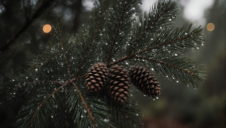 Pine cones on a branch of a Christmas tree in the rainの素材
