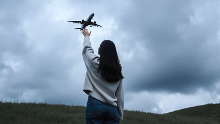 Young woman with a drone flying over the meadow with dramatic skyの素材