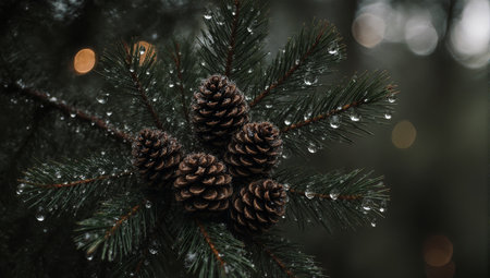 Pine cones on the branches of a Christmas tree in the rainの素材