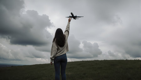 Young woman with a toy airplane in her hands on the background of a stormy skyの素材