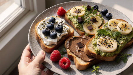 Toasts with avocado, banana, cream cheese and berries on a plateの素材