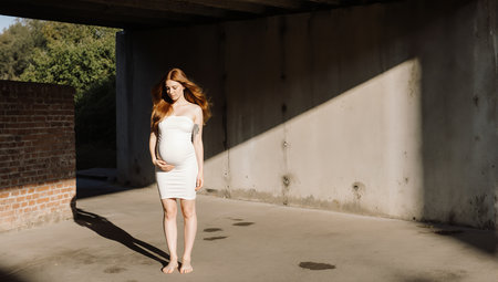 A beautiful young redhead model poses outdoors in an urban environment.の素材
