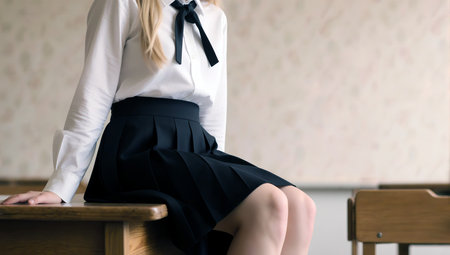 Close-up of a girl in a school uniform sitting on a chairの素材