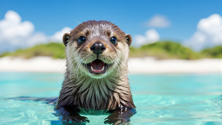 Portrait of a cute wet Asian small-clawed otter swimming in poolの素材