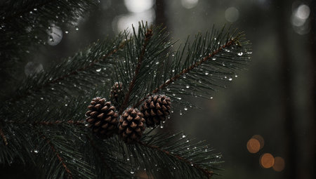 Pine cone on the branches of a Christmas tree in the rainの素材