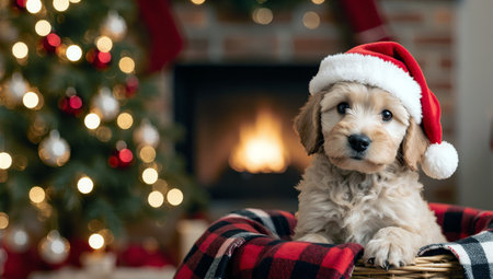 Adorable puppy wearing santa hat near christmas tree and cozy fireplace backgroundの素材