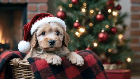 Adorable puppy wearing santa hat looking at camera near christmas tree indoorsの素材