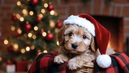 Adorable puppy wearing santa hat resting near festive christmas tree with decorationsの素材