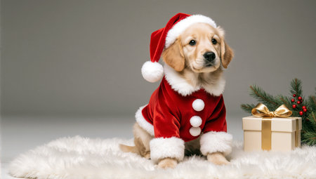 Adorable golden retriever puppy wearing a santa claus hat and red costume with gift boxの素材