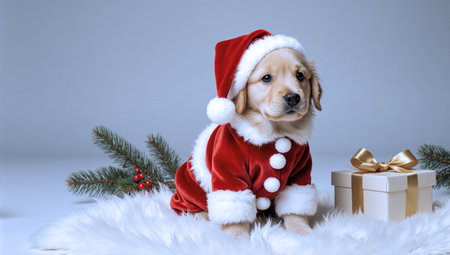 Adorable golden retriever puppy wearing santa claus costume with gift on fluffy backgroundの素材
