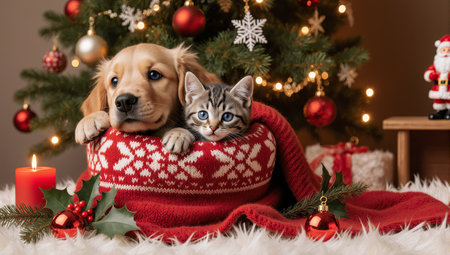 A charming golden retriever puppy and tabby kitten together in a red knitted basket near christmas tree with festive decorationsの素材