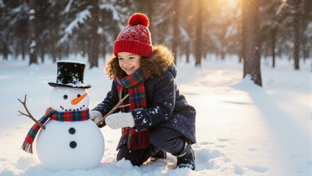 A joyful little girl building a traditional snowman in a snowy winter forest on a bright sunny dayの素材