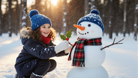 A cheerful little girl decorates a large snowman with holly branch in snowy winter forest during sunny day outdoorsの素材