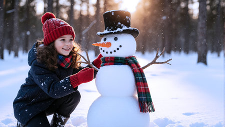 A cheerful little girl enjoys building a snowman in a snowy winter forest on a sunny dayの素材