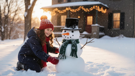 A cheerful little girl happily building a large snowman in the snowy yard near cozy house during winter holidaysの素材